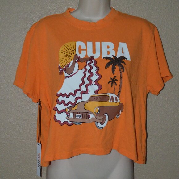 NWT $115 Sz XS ASKK NY Orange CUBA Cropped Short Sleeve T-Shirt Tee - Picture 1 of 5